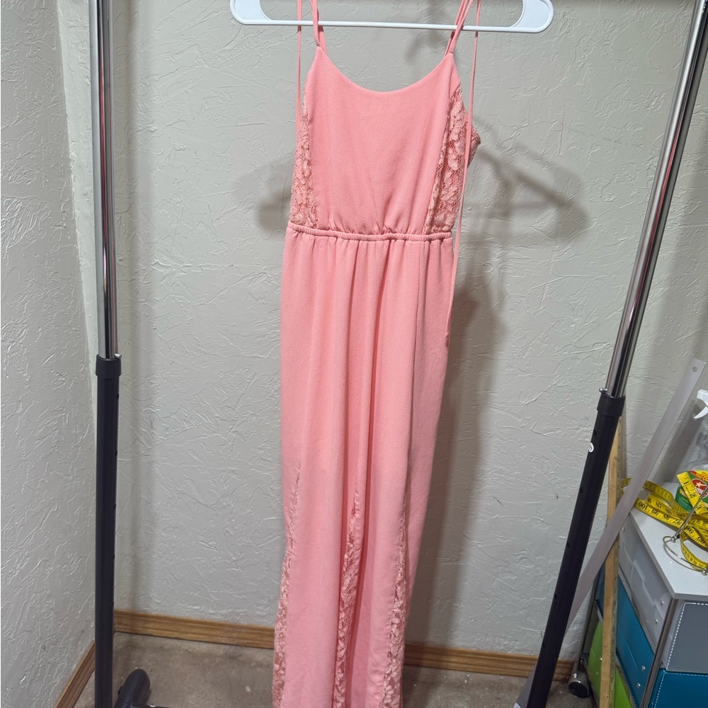 Candie’s Lined Peach/Pink Formal with Spaghetti Straps and Lace Insets XS